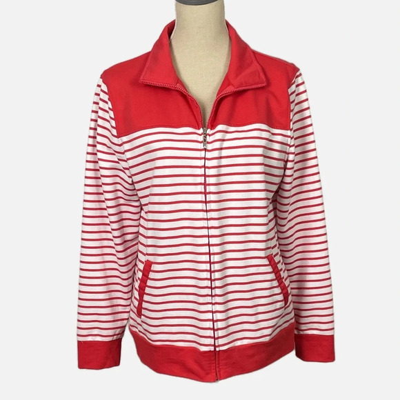 Striped Red and White Women's Zip-Up Hoodie - Picture 1 of 10